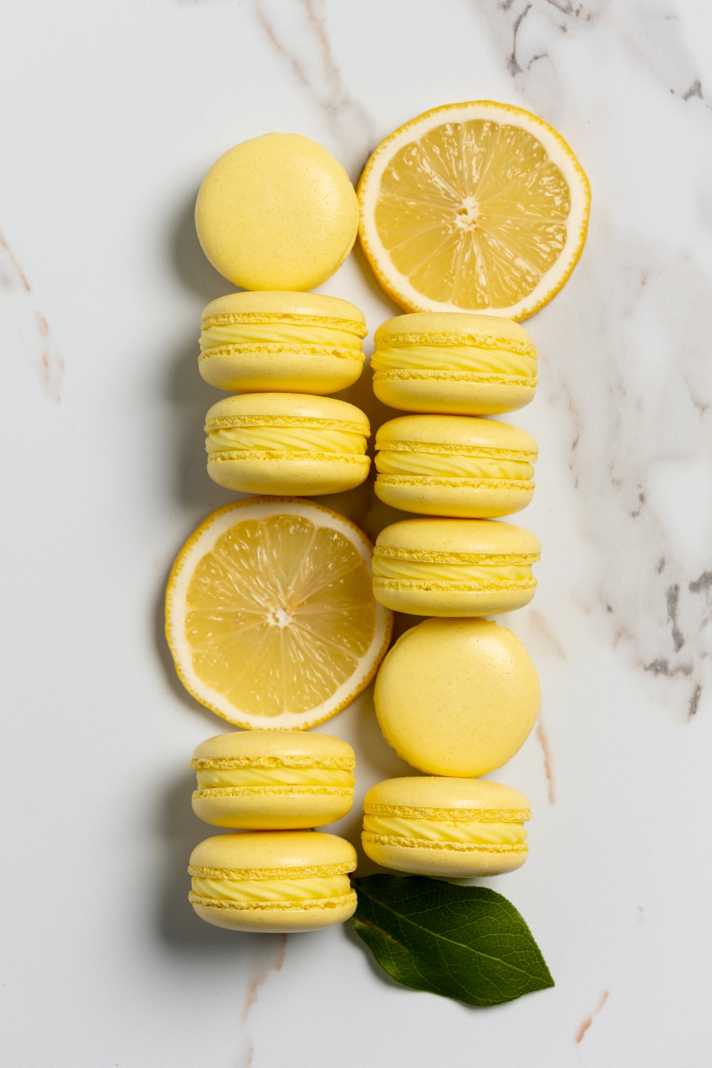 Lemon macarons with creamy lemon filling in a pastel yellow shell